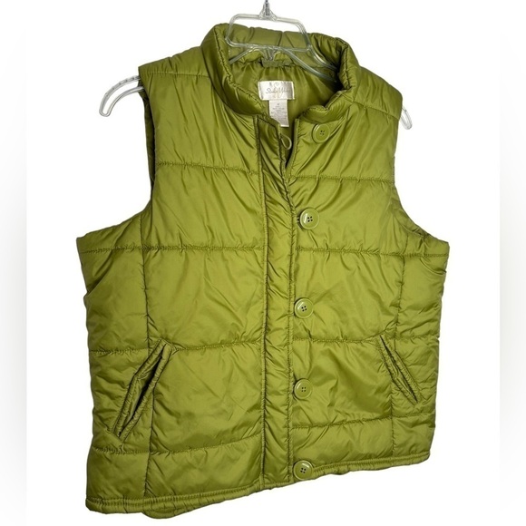 Studio Works Chartreuse Green Puffer Vest Medium Pockets Great laying Jacket EUC - Picture 4 of 11